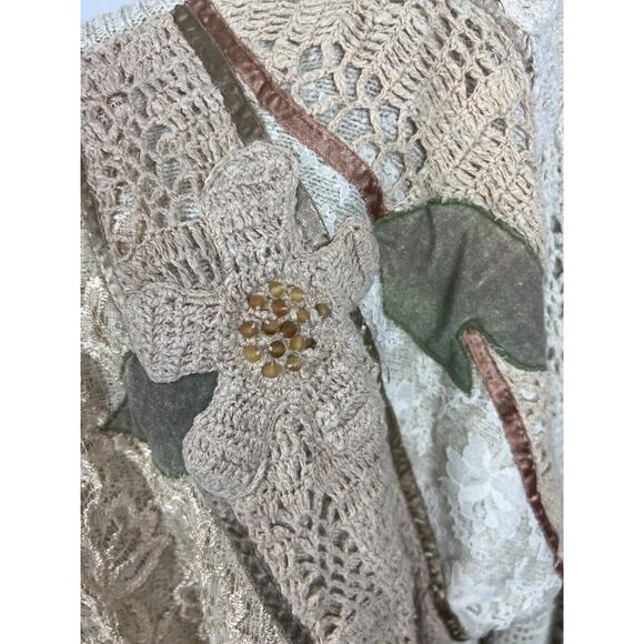 Vintage Crochet Floral Beaded Wearable Art Beige Earth Tones Sweater Medium - Picture 5 of 8